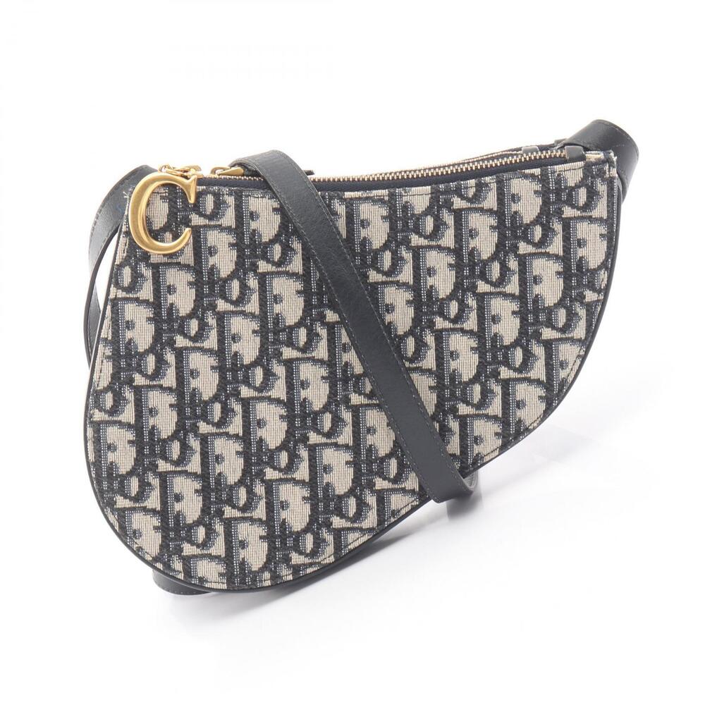 Christian Dior SADDLE Oblique Shoulder Bag Canvas Leather Navy Blue Beige Cream